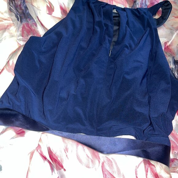 SLNY - 9141152 LONG HALTER Solid BODICE FLORAL A-LINE Dress NWT Navy Purple Pink - Picture 8 of 12